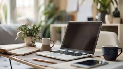 A laptop is open on a table with a cup of coffee next to it
