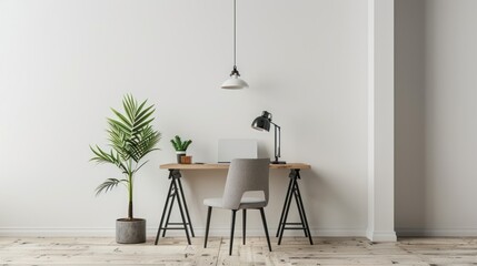 A white desk with a potted plant and a book on it