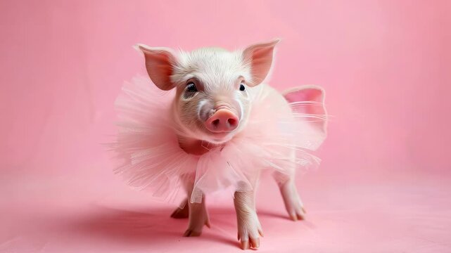 Cute piglet wearing a pink tutu on pink background, adorable farm animal concept