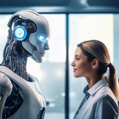 A robot interacting with a person in a futuristic laboratory
