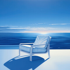 Fototapeta premium Tranquil Ocean View: A solitary white armchair sits on a balcony overlooking a vast, serene ocean. The blue hues of the sky and water create a calming atmosphere, inviting viewers to escape and relax.
