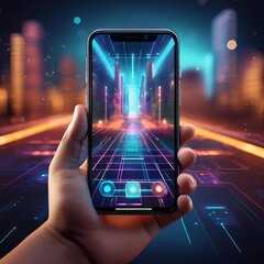 A hand holding a smartphone with an augmented reality interface visible on the screen