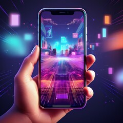 A hand holding a smartphone with an augmented reality interface visible on the screen