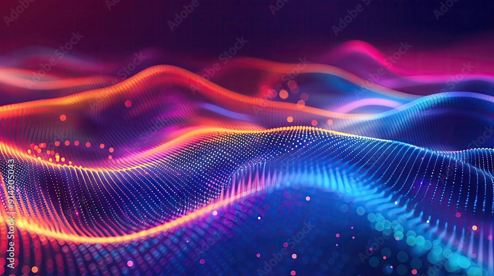 Poster colorful abstract wave patterns with vibrant lights and smooth curves, creating a dynamic visual exp
