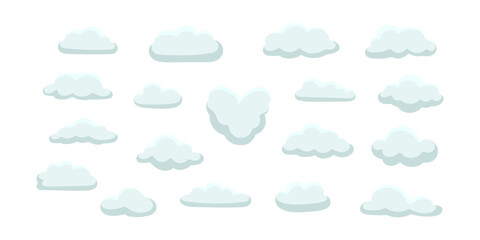 Fototapeta premium Abstract cloud illustration set. Cute fluffy, bubbly clouds collection. White, gray cloudy shape isolated white background. Flat vector decoration element.