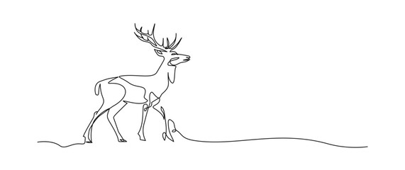 Reindeer continuous one line drawing, single line art deer animal element, minimalist sketch line vector illustration, christmas winter new year concept