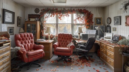 A vacant office with spider webs symbolizes a labor shortage and a lack of skilled staff. Concept Labor shortage, Skilled staff, Office vacancy, Spider webs, Symbolism