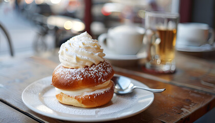 Swedish Semla Bun with Cream A Popular Treat for Fika Coffee Breaks