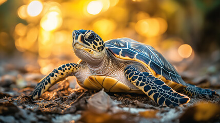 A hawksbill turtle resting on the forest floor with a warm, glowing background in a tropical setting