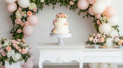 Delightful wedding dessert area featuring a tiered cake surrounded by elegant floral arrangements and soft balloon decorations in a light-filled venue