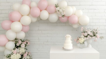 Delightful wedding dessert area featuring a tiered cake surrounded by elegant floral arrangements and soft balloon decorations in a light-filled venue