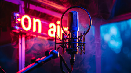 Professional microphone and red neon on air sign on dark blue background. Recording studio banner design. Live broadcasting, recording, audio sound equipment, podcasting, steaming