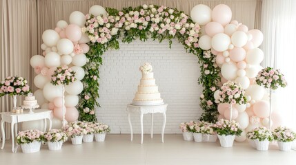 Delightful wedding dessert area featuring a tiered cake surrounded by elegant floral arrangements...