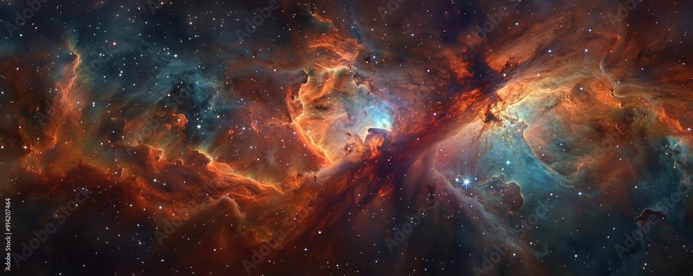 Poster a stunning cosmic scene showcasing vibrant colors and intricate patterns of gas and stars in a mesme