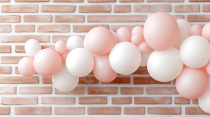 A festive balloon arch featuring pink and white balloons stands against a textured white brick wall, perfect for enhancing any celebratory occasion