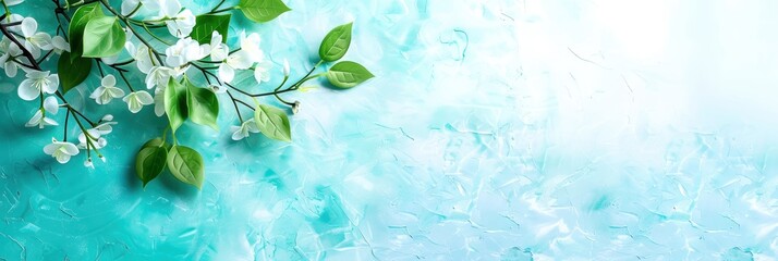 Elegant floral composition with white blossoms and green leaves on a turquoise textured background, perfect for spring and nature themes.