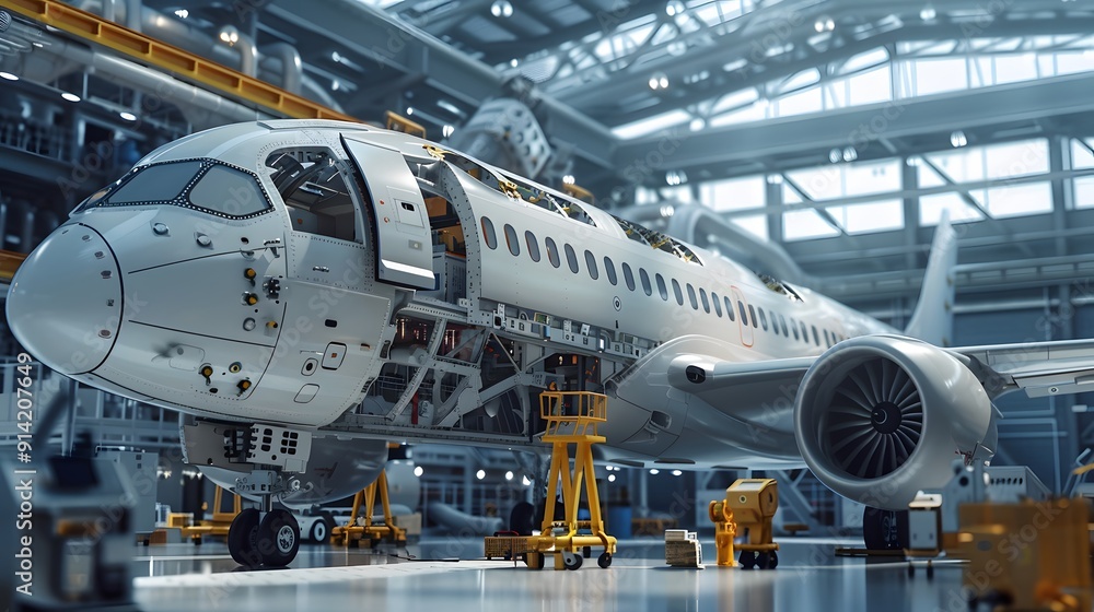 Poster a white airplane is in a hangar with its doors open. the plane is being worked on and has a large en