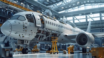 A white airplane is in a hangar with its doors open. The plane is being worked on and has a large engine on the right side. The hangar is filled with various tools and equipment
