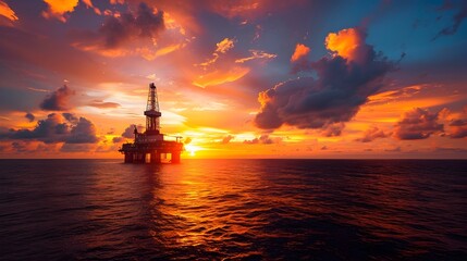 Fototapeta premium Vibrant Sunset Silhouetting an Offshore Oil Rig on the Serene Ocean
