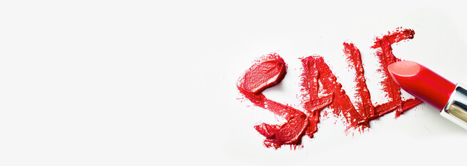 Red lipstick Sale inscription on white background. Lipstick sale sign on a white background. retail marketing sign, Sales Promotion, cosmetics special offer banner