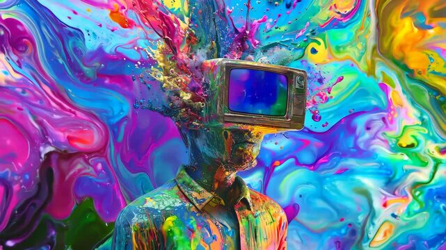 Man wearing retro television with paint explosion, abstract art concept