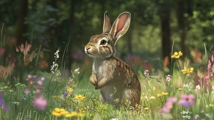 Obraz premium A single rabbit hopping through a meadow at the edge of the forest, with wildflowers in bloom.