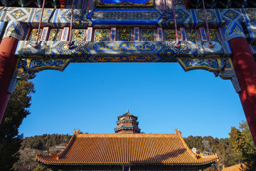 Fototapeta premium Summer Palace Archway and Foxiangge in Beijing.
