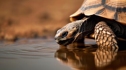 A close-up of a tortoise drinking from a water puddle, highlighting its textured shell and rugged surroundings.
