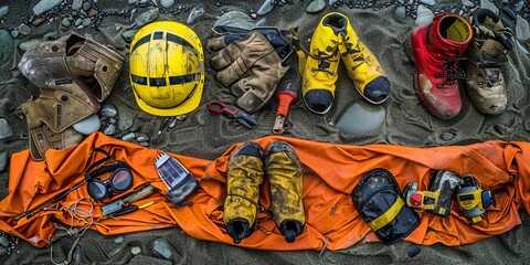 Safety gear and equipment scattered on a sandy beach.