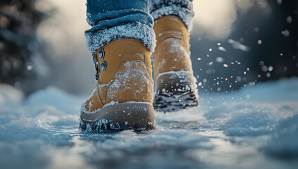 A close-up of sturdy winter boots walking through snow, splashing frozen droplets in a beautiful winter landscape.