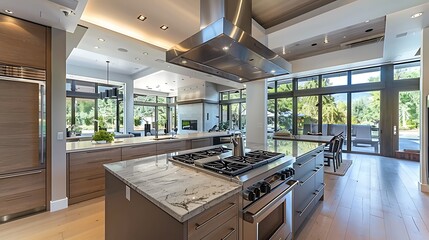 Modern Kitchen with Island and Large Windows