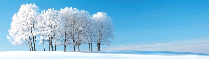 Obraz premium Beautiful winter landscape with snow-covered trees under a clear blue sky, showcasing the serene beauty of nature in the winter season.