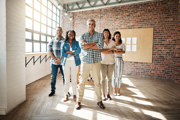 Portrait, business people and manager with arms crossed, startup and creative agency with...