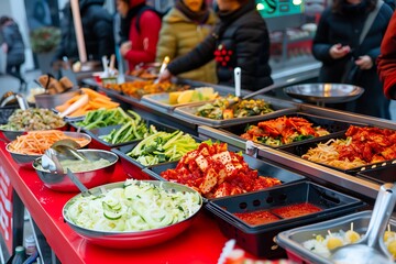 Fototapeta premium Various of korean street foods. Food stall in urban night festival.