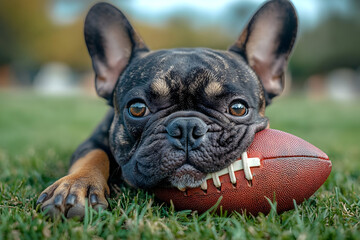 Fototapeta premium A playful French Bulldog rests on grass with a football, showcasing its adorable features and sporty spirit.