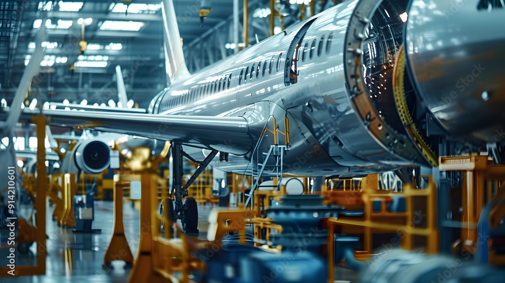 Poster a white airplane is in a hangar with its doors open. the plane is being worked on and has a large en