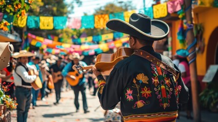 Obraz premium Artists perform with guitars in a vibrant market, adorned with colorful decorations
