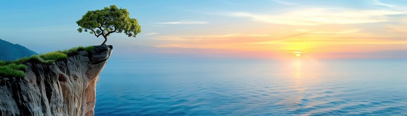 Fototapeta premium A solitary tree on a cliff edge overlooking a serene sunset over the ocean, with a vibrant sky and calm sea creating a peaceful nature scene.