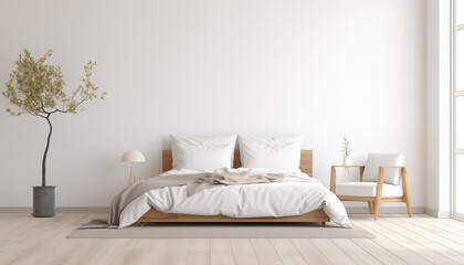 Minimalist Bedroom Interior Design with Wooden Bed and White Walls