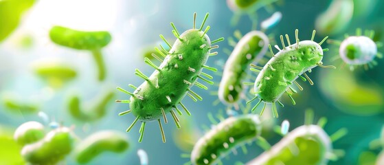 Fototapeta premium Close-up view of green bacteria under a microscope, showcasing the structure and detail of microbial life.