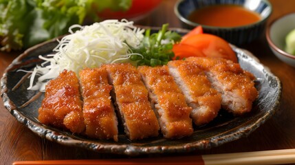 Crispy tonkatsu with shredded cabbage, tomato, and dipping sauce 