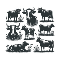 set of cow vector silhouette