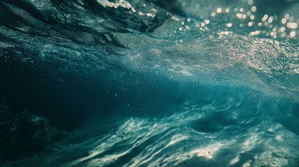 Naklejka premium Underwater view of shimmering ocean waves at midday with sunlight filtering through the water