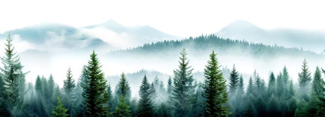 Beautiful misty forest landscape with pine trees and distant mountains shrouded in fog, creating a serene and tranquil natural scene. © Inlovehem