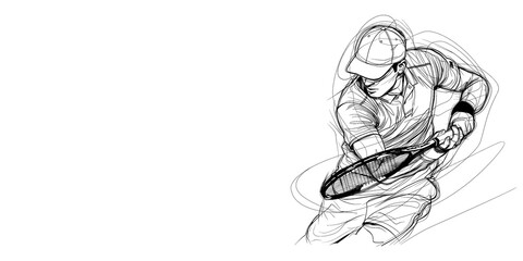 Obraz premium Tennis player with Racket. Dynamic black and white line drawing with copy space