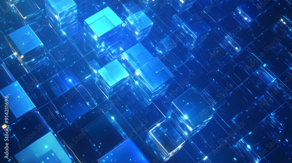 Aufkleber Abstract blue background featuring glowing digital squares, representing the flow of digital data and information in the cyber space world. This futuristic geometric pattern embodies the essence of co