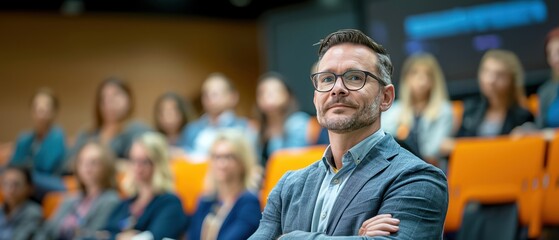 Fototapeta premium Confident professional attending a business seminar with attentive audience in background, highlighting leadership and engagement.