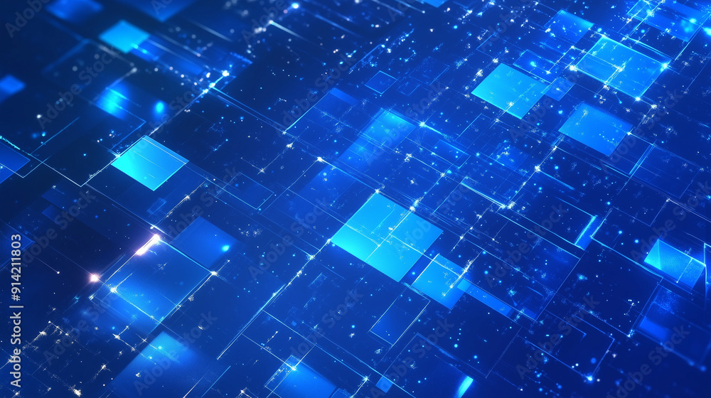 Fototapete Abstract blue background featuring glowing digital squares, representing the flow of digital data and information in the cyber space world. This futuristic geometric pattern embodies the essence of co