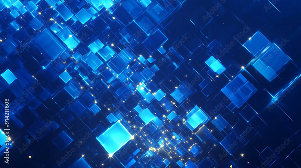 Poster Abstract blue background featuring glowing digital squares, representing the flow of digital data and information in the cyber space world. This futuristic geometric pattern embodies the essence of co