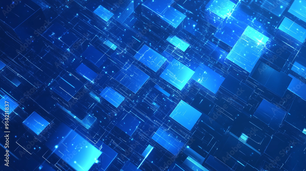 Aufkleber Abstract blue background featuring glowing digital squares, representing the flow of digital data and information in the cyber space world. This futuristic geometric pattern embodies the essence of co